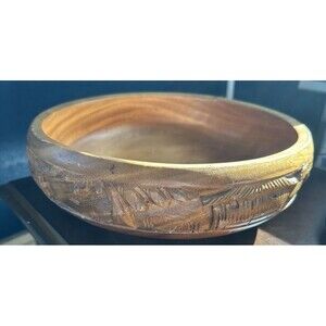 Vintage Wooden Hand Carved Salad Serving Round Bowl Oriental Palm Tiki Hut